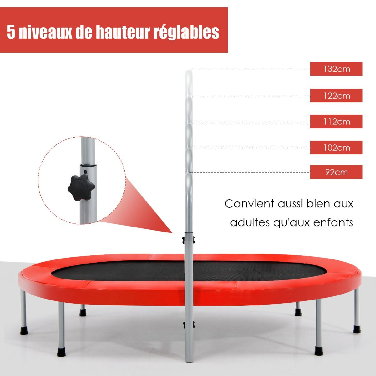 Trampoline Pliable Pour 2 Enfants Intérieur/Extérieur Avec Main Courante Ajustable Coussin Tapis De Saut Charge 150Kg Rouge/Bleu/Rose