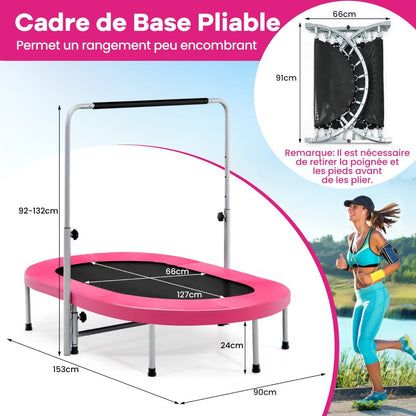 Trampoline Pliable Pour 2 Enfants Intérieur/Extérieur Avec Main Courante Ajustable Coussin Tapis De Saut Charge 150Kg Rouge/Bleu/Rose