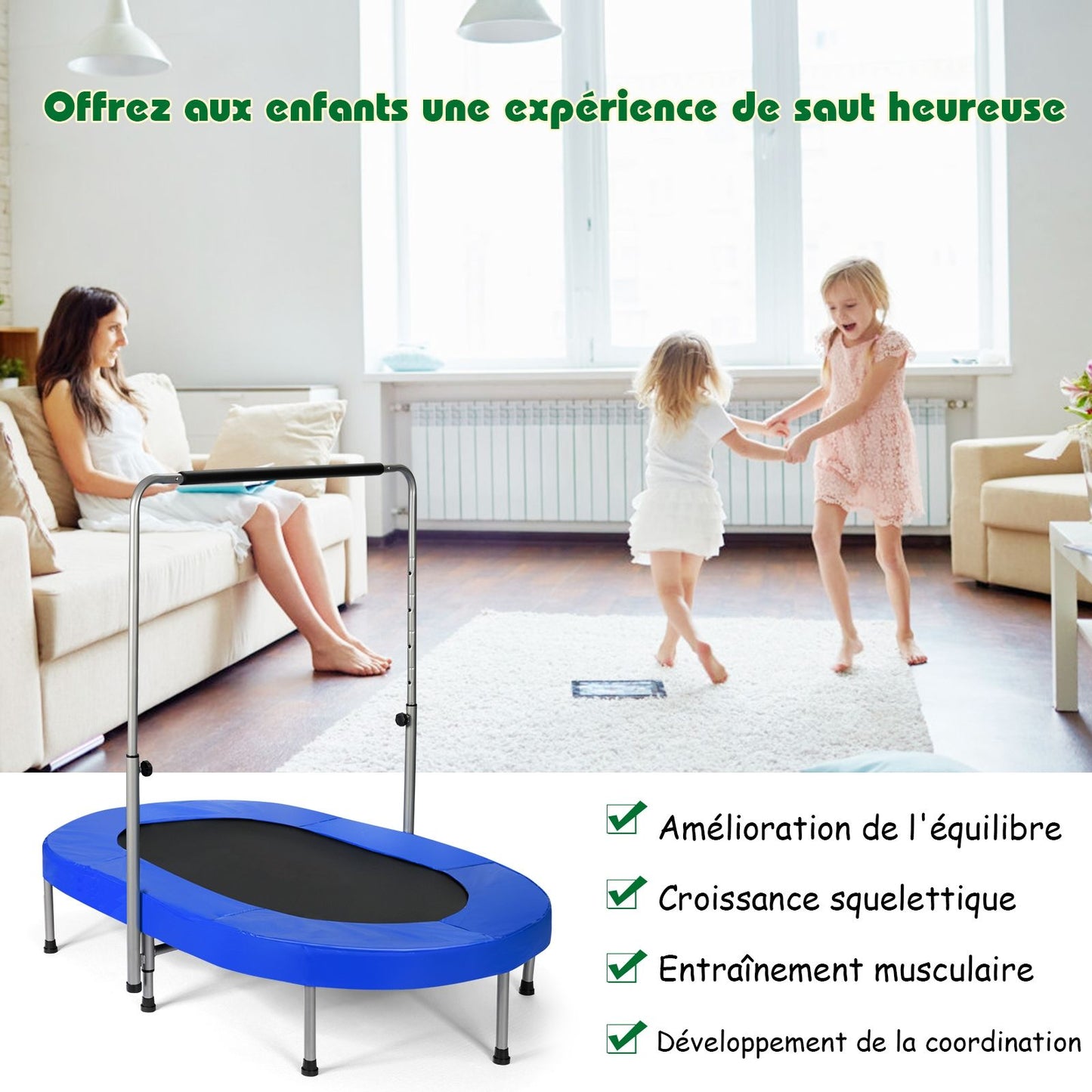 Trampoline Pliable Pour 2 Enfants Intérieur/Extérieur Avec Main Courante Ajustable Coussin Tapis De Saut Charge 150Kg Rouge/Bleu/Rose