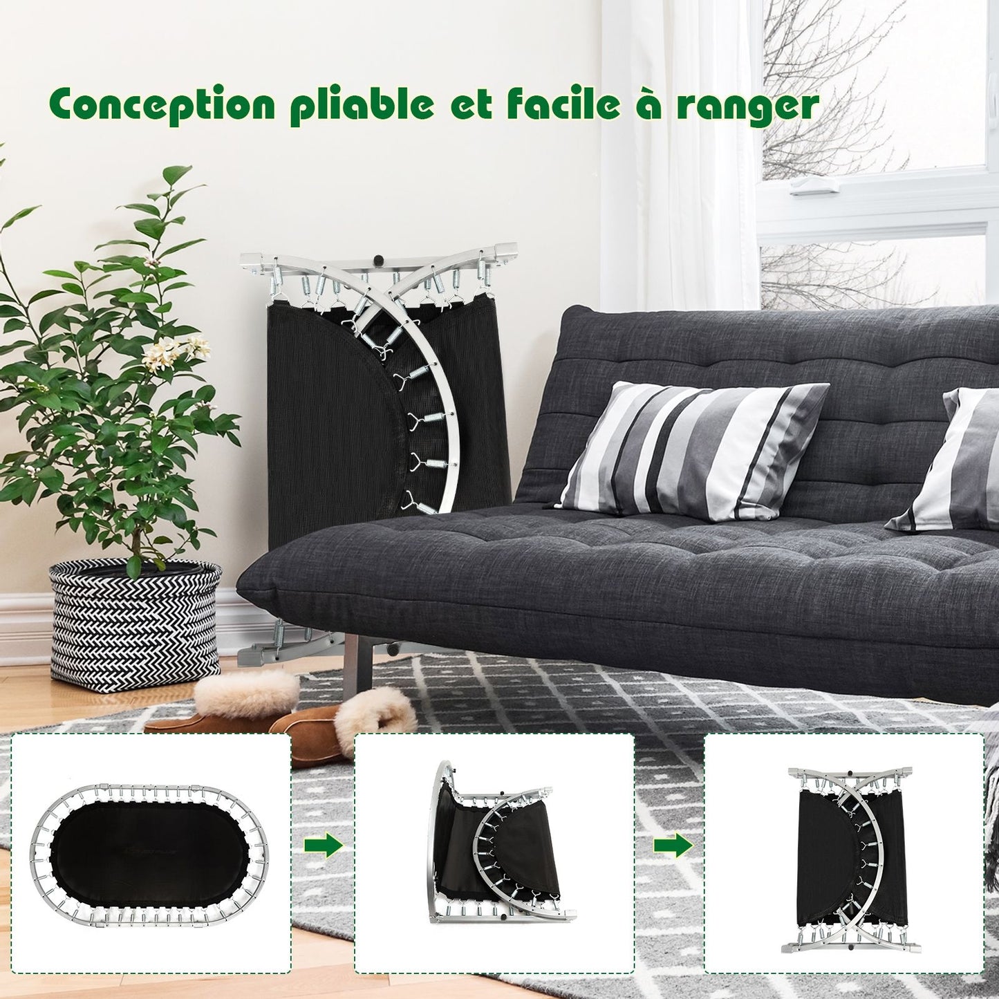 Trampoline Pliable Pour 2 Enfants Intérieur/Extérieur Avec Main Courante Ajustable Coussin Tapis De Saut Charge 150Kg Rouge/Bleu/Rose