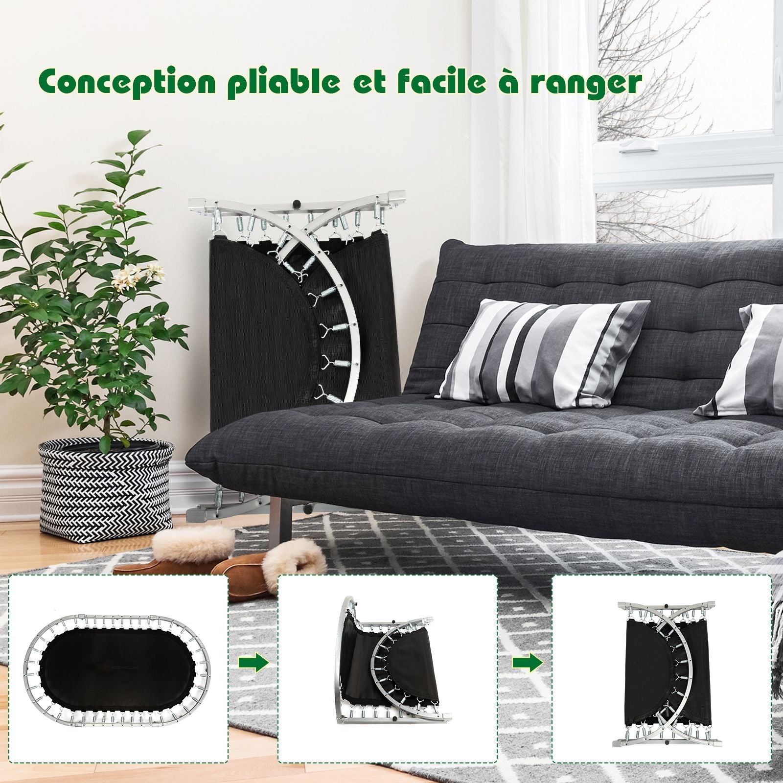 Trampoline Pliable Pour 2 Enfants Intérieur/Extérieur Avec Main Courante Ajustable Coussin Tapis De Saut Charge 150Kg Rouge/Bleu/Rose