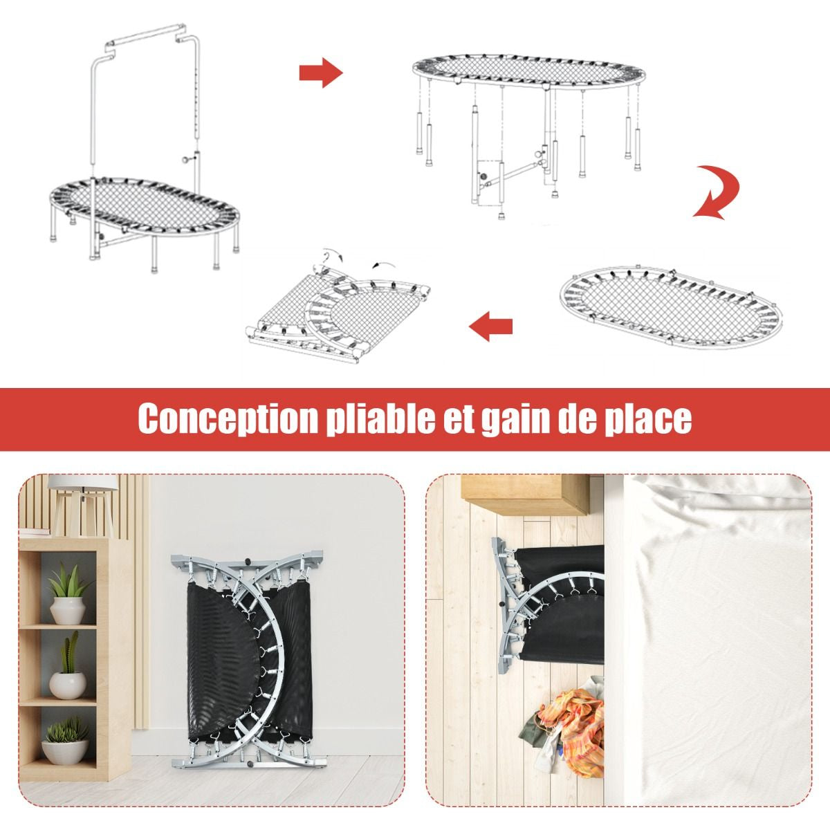 Trampoline Pliable Pour 2 Enfants Intérieur/Extérieur Avec Main Courante Ajustable Coussin Tapis De Saut Charge 150Kg Rouge/Bleu/Rose